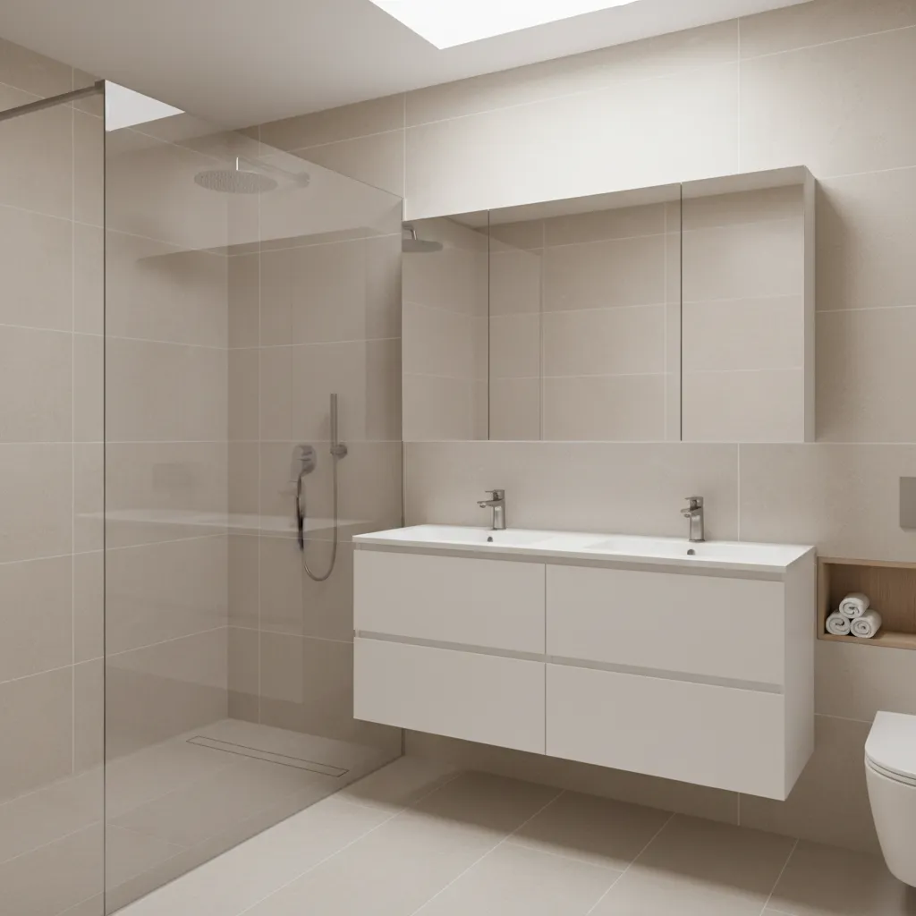 Small bathroom with light color tiles making space look bigger
