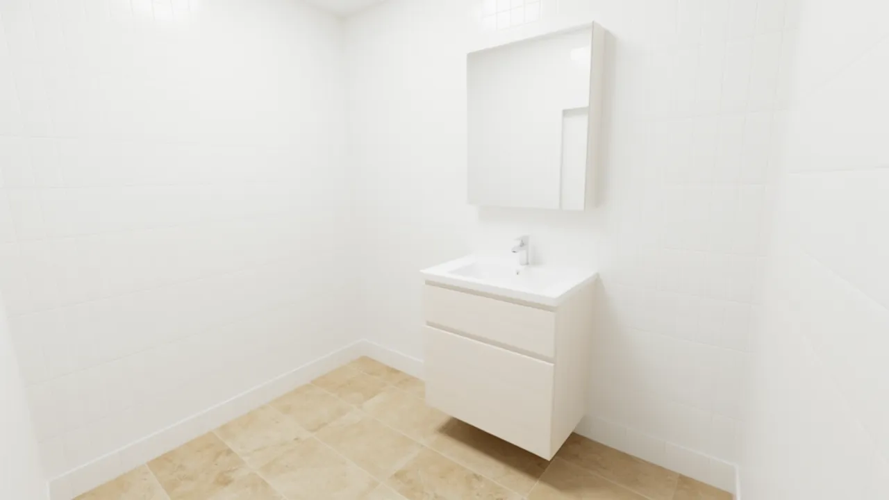 Small bathroom with white and beige tiles creating a spacious feeling