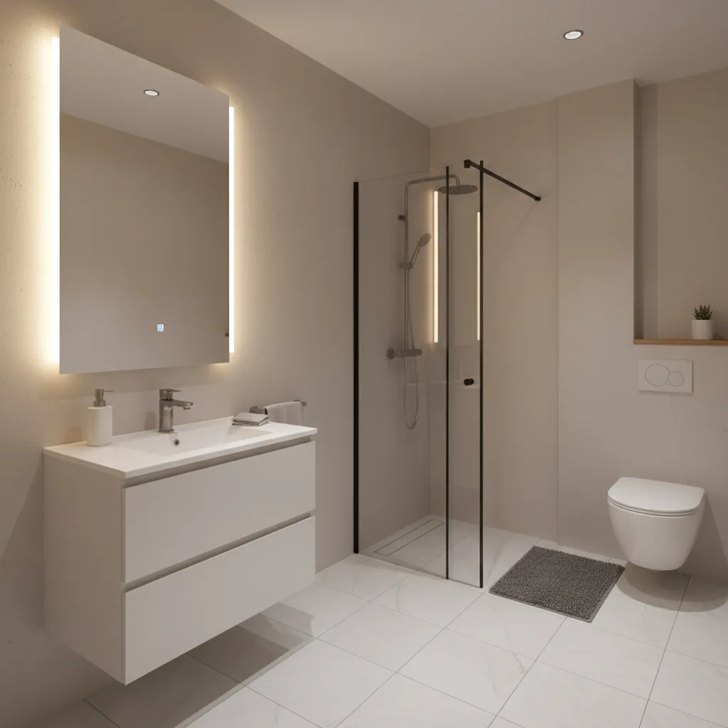 Small bathroom with bright LED vanity lighting and large mirror making the space feel bigger