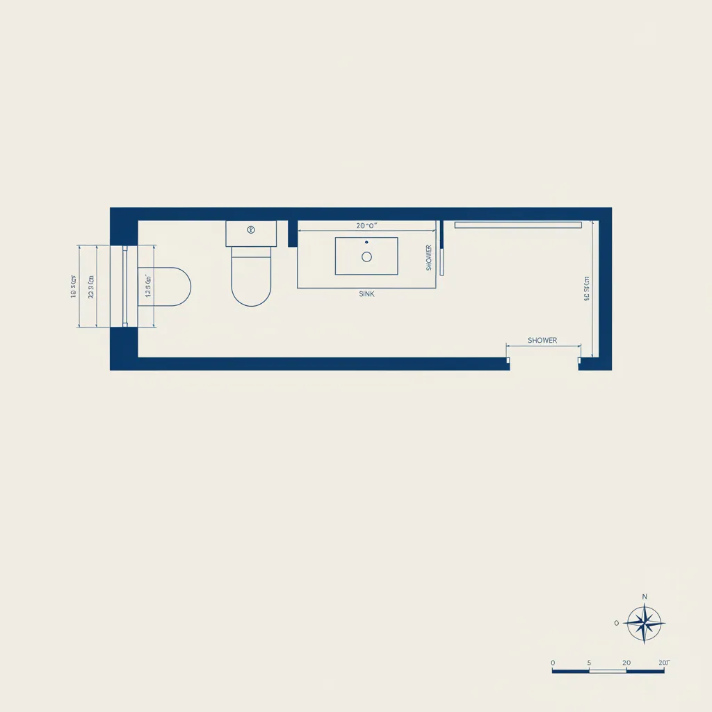 linear small bathroom floor plan showing fixtures aligned along one wall