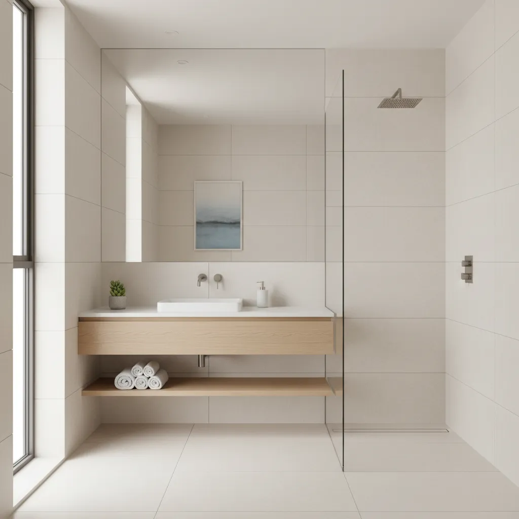 Bright minimalist bathroom with a wooden sink shelf glass shower large mirror and natural light