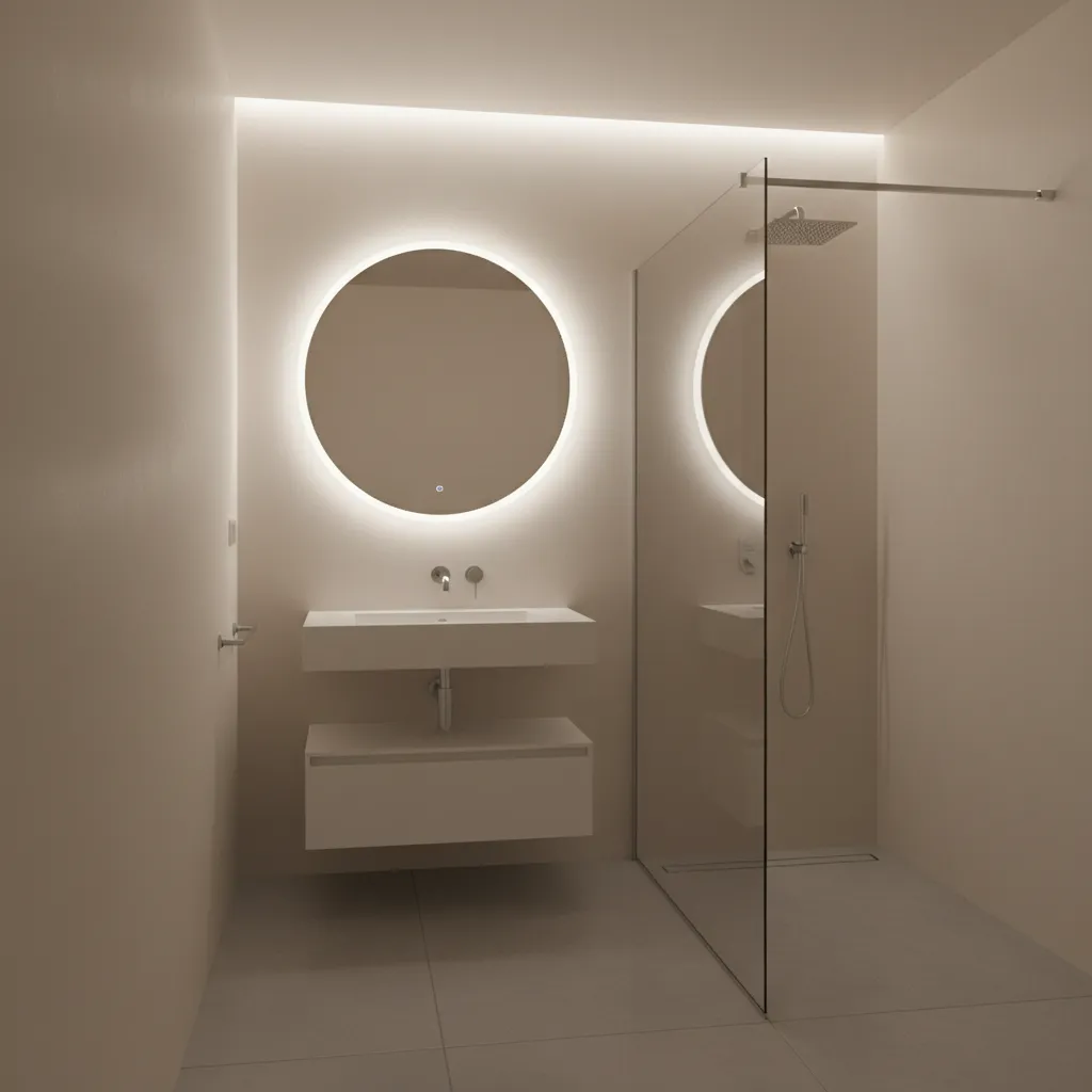 small bathroom with large mirror and layered lighting design