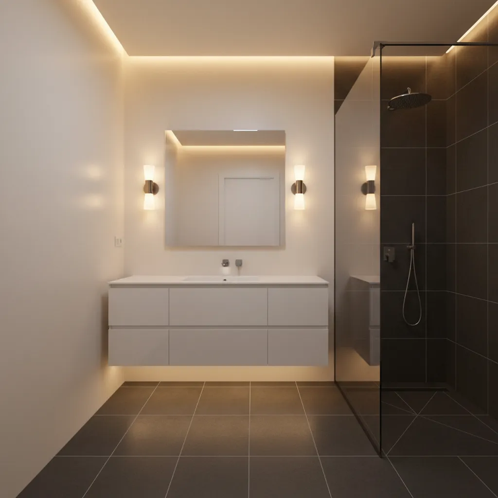 Small bathroom mirror and lighting placement expanding visual space