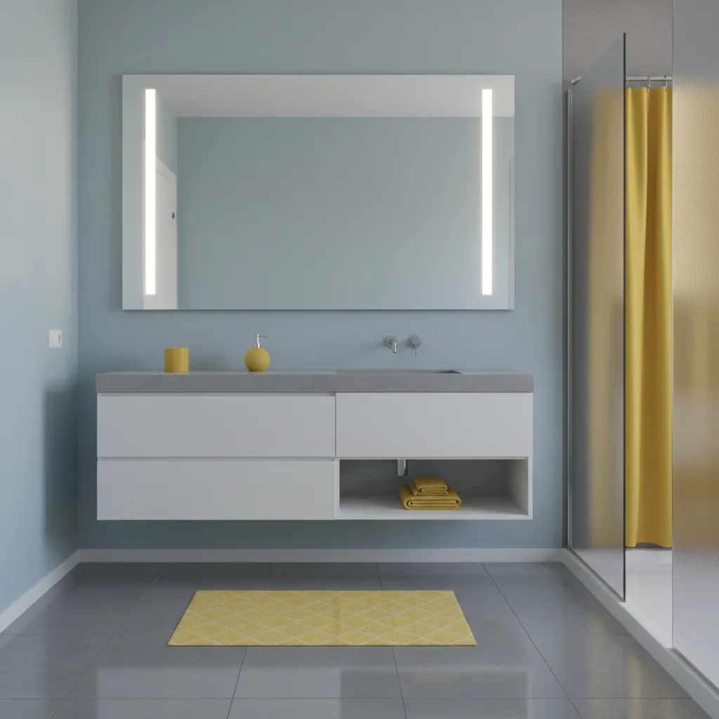 Small bathroom with large mirror and layered lighting