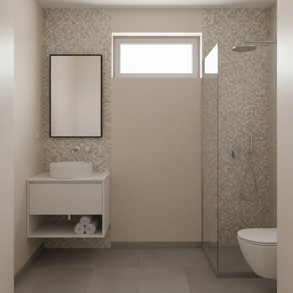 Small modern bathroom using mosaic tiles as accent wall