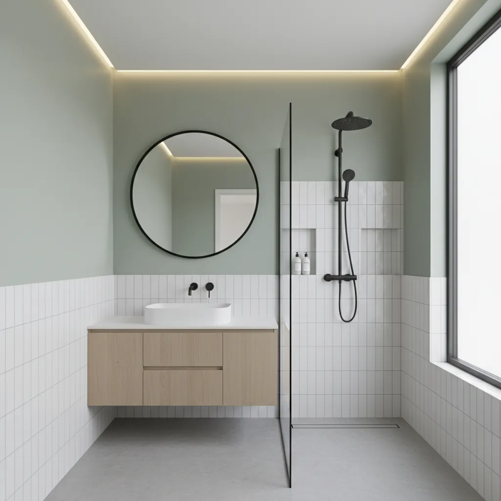 Small bathroom with muted green walls white tile and black fixtures