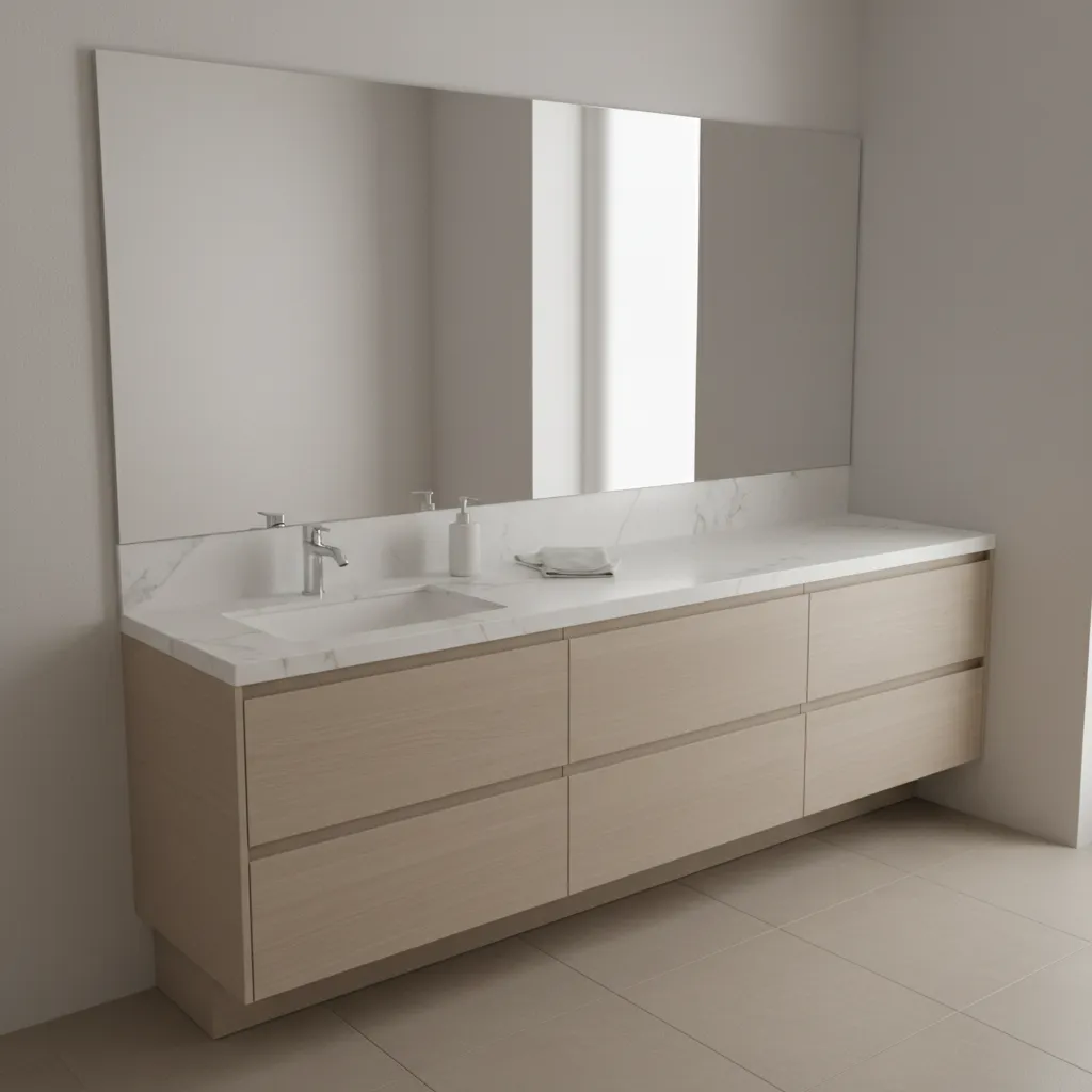 Compact bathroom vanity with offset sink creating larger counter space