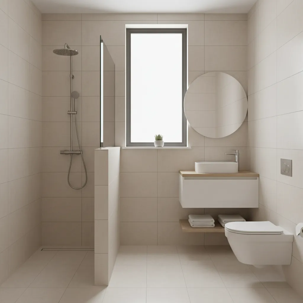 small bathroom with pony wall partially dividing shower and toilet area