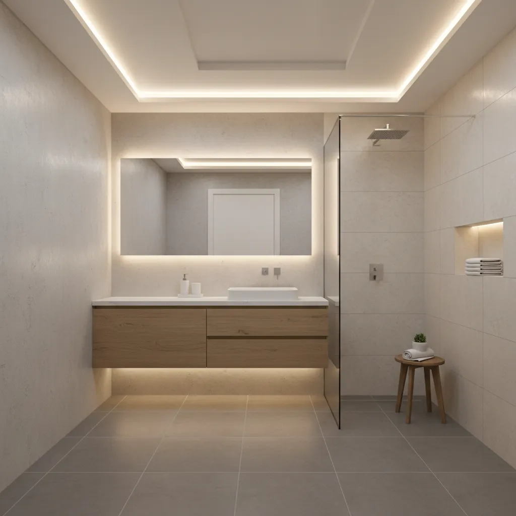 Small bathroom with simple POP ceiling design and indirect lighting