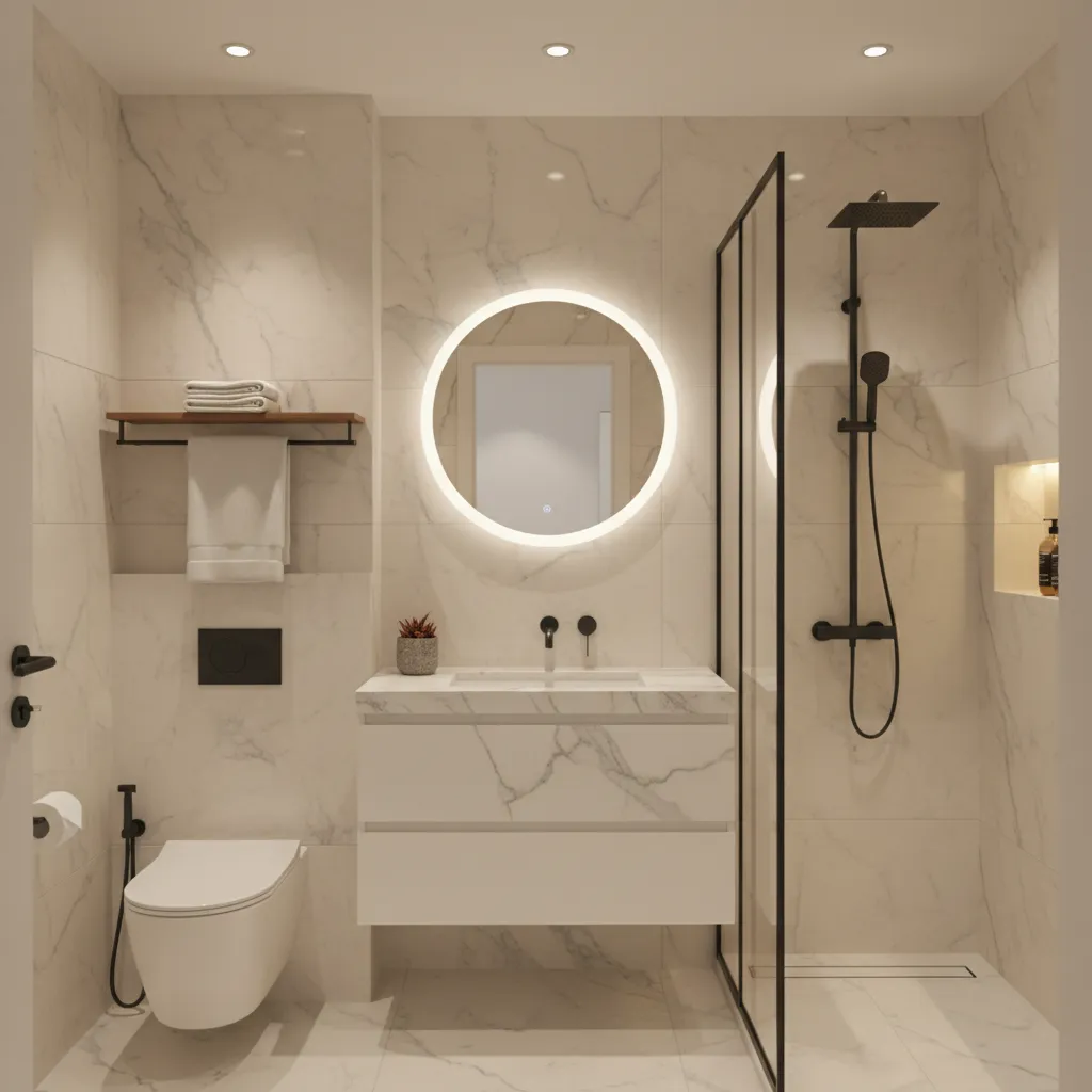 photorealistic render of a renovated small bathroom interior