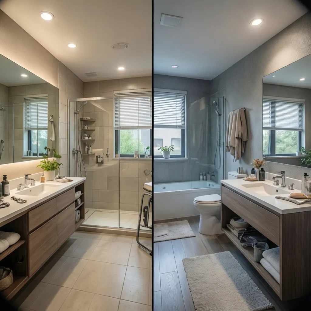 comparison concept of small bathroom renovation planning and accessibility upgrades
