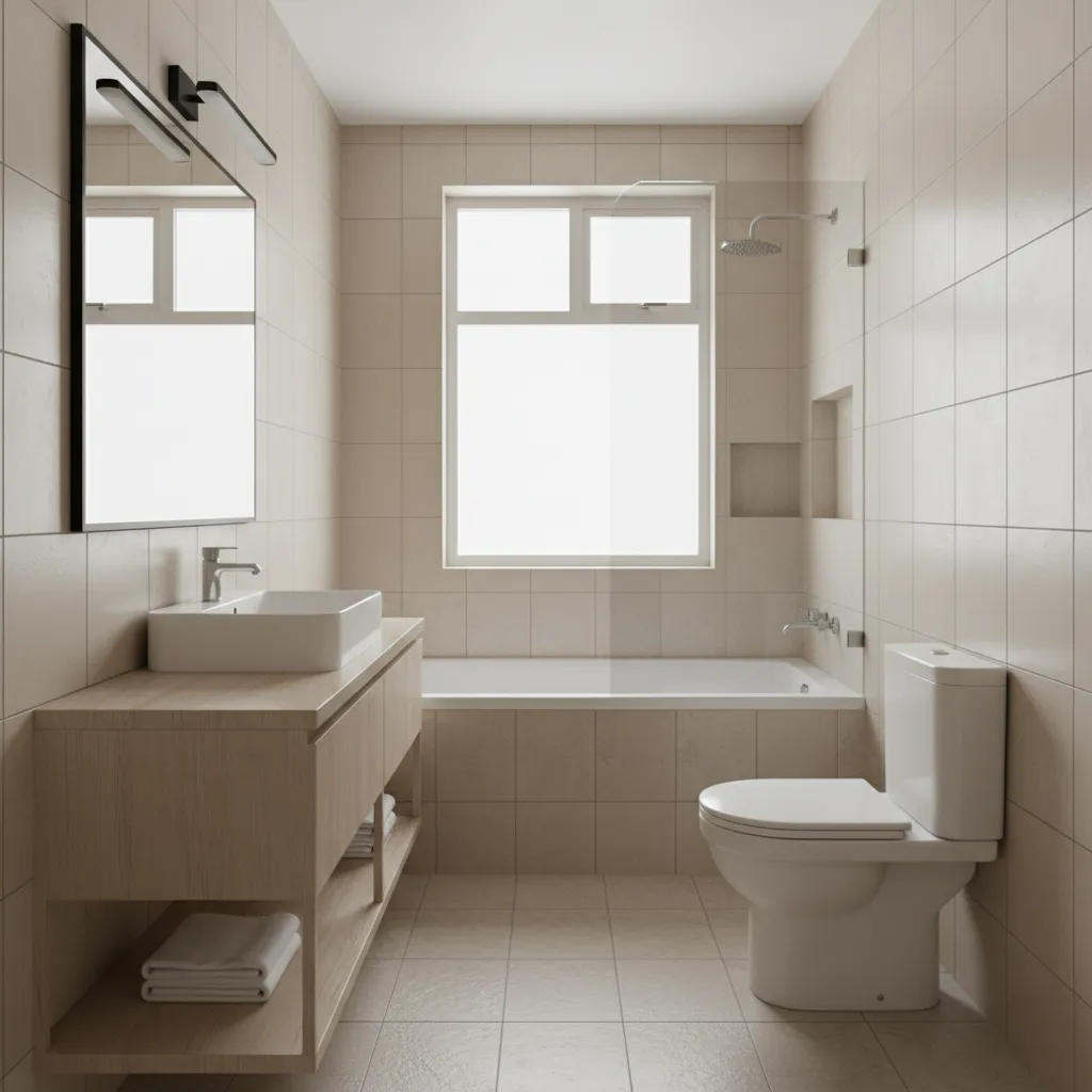 compact 9x5 bathroom renovation layout with tub vanity and toilet