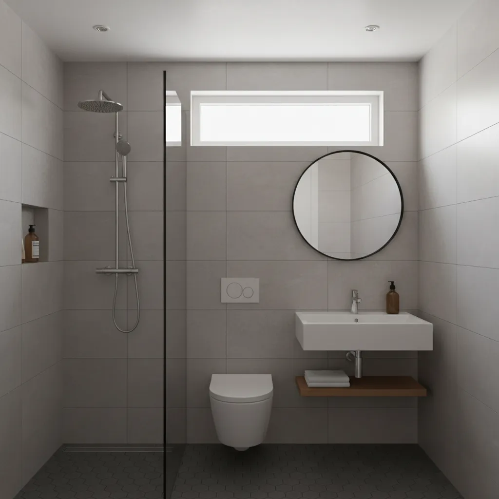 Compact bathroom with high horizontal roshandan window allowing daylight