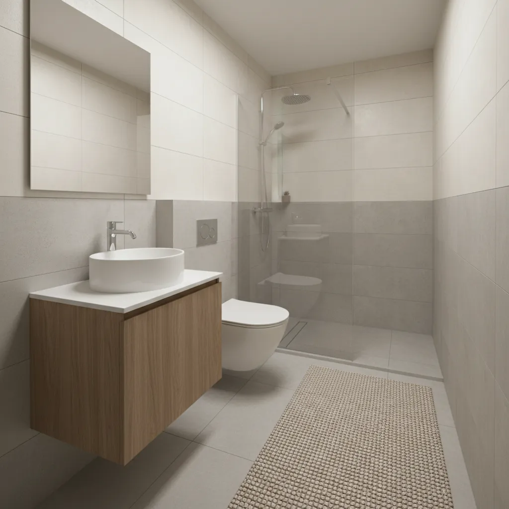 example of rug placement in a compact bathroom layout