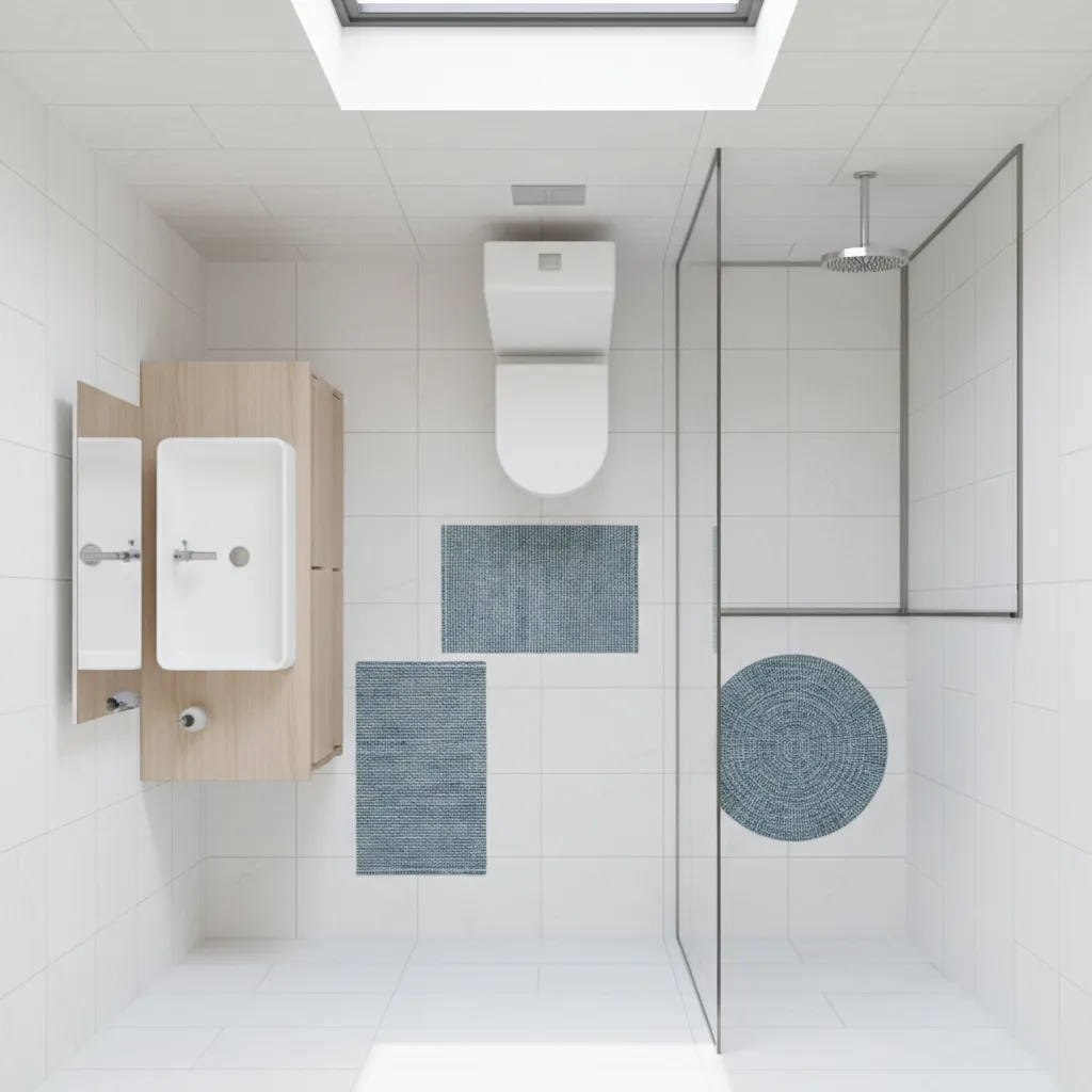 small bathroom showing rug placement zones near vanity toilet and shower