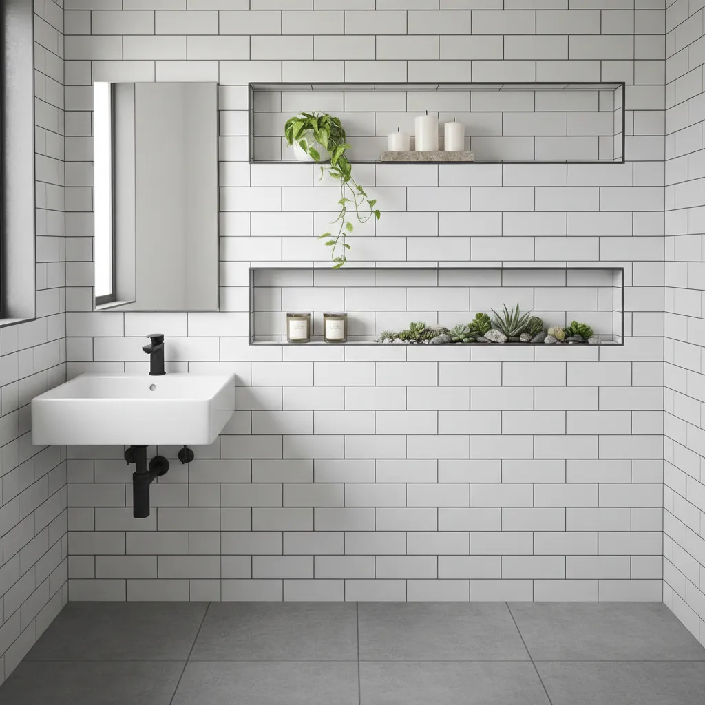 Compact bathroom wall decorated with two minimal shadow boxes