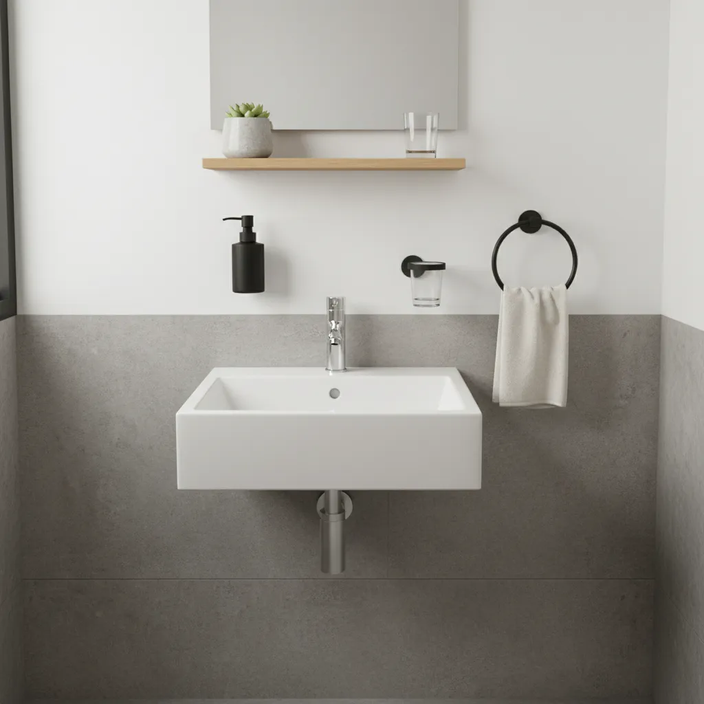 tiny bathroom sink area with wall mounted accessories and compact storage