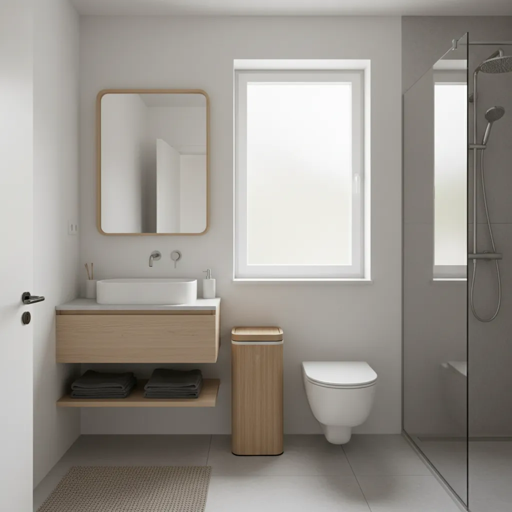 Slim vertical laundry hamper placed in a small bathroom corner