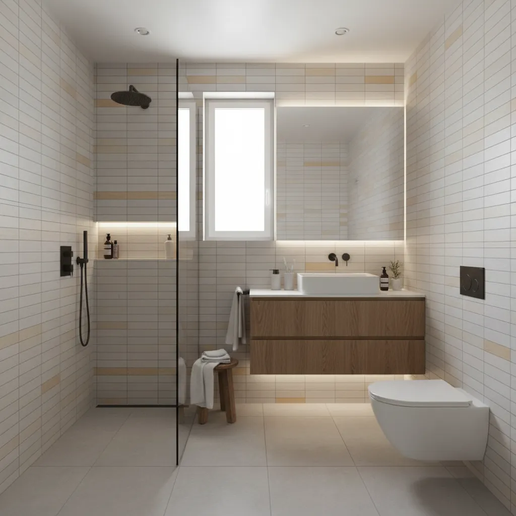 Compact bathroom using smaller tiles compared to large format tiles