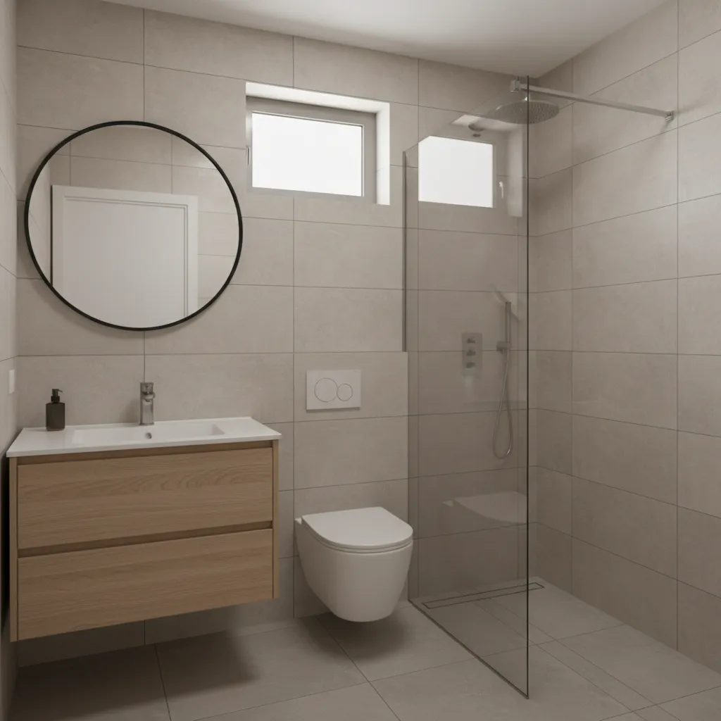 compact bathroom interior showing efficient layout with wall mounted vanity