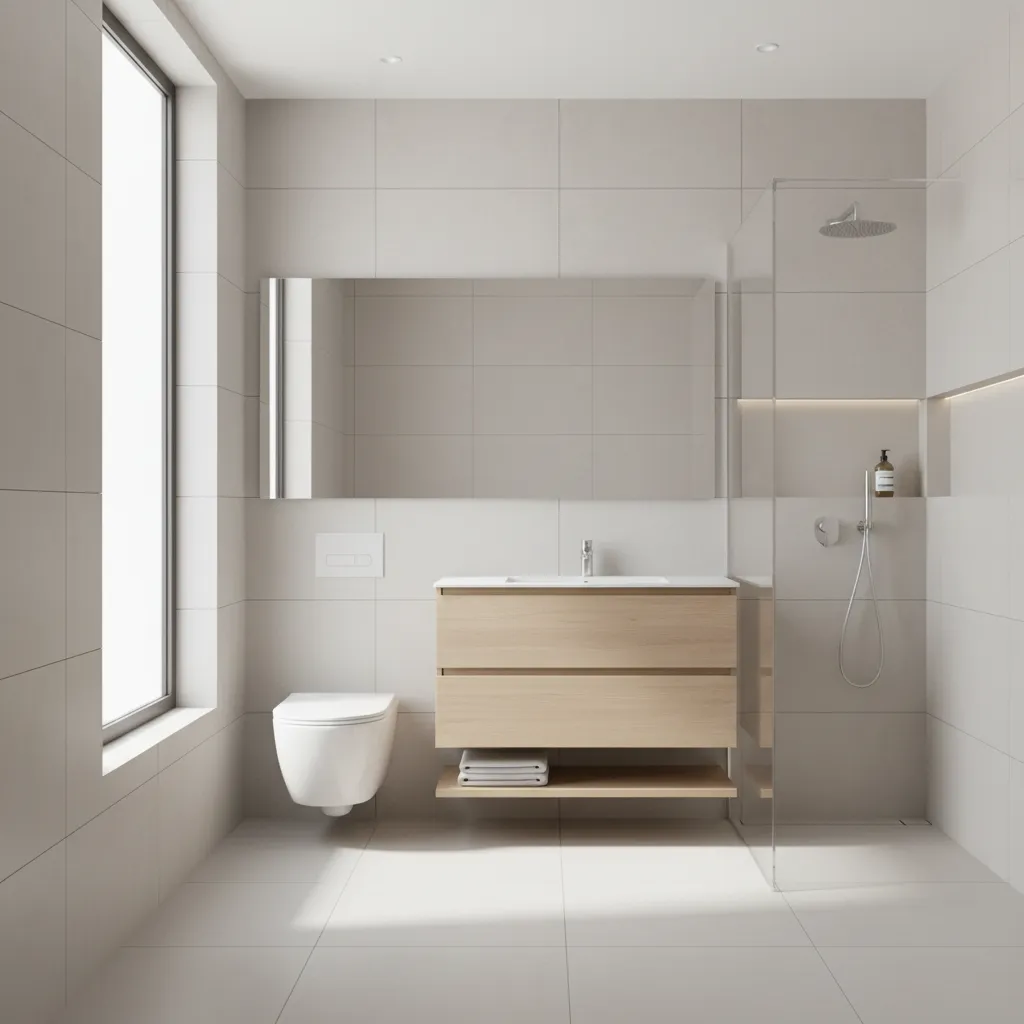 Compact bathroom layout with wall mounted toilet floating vanity and glass shower