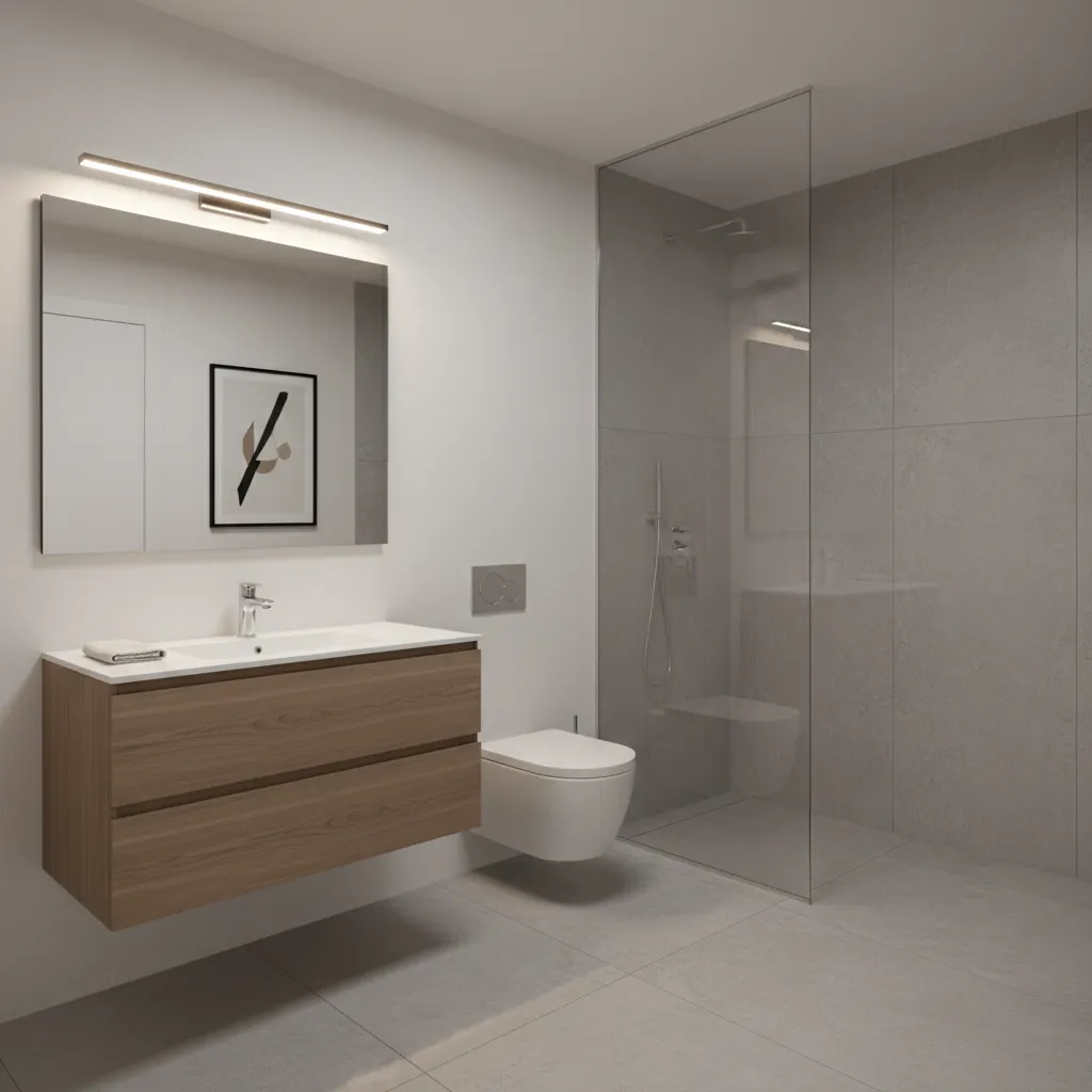 space saving wall mounted vanity and shower in small bathroom layout