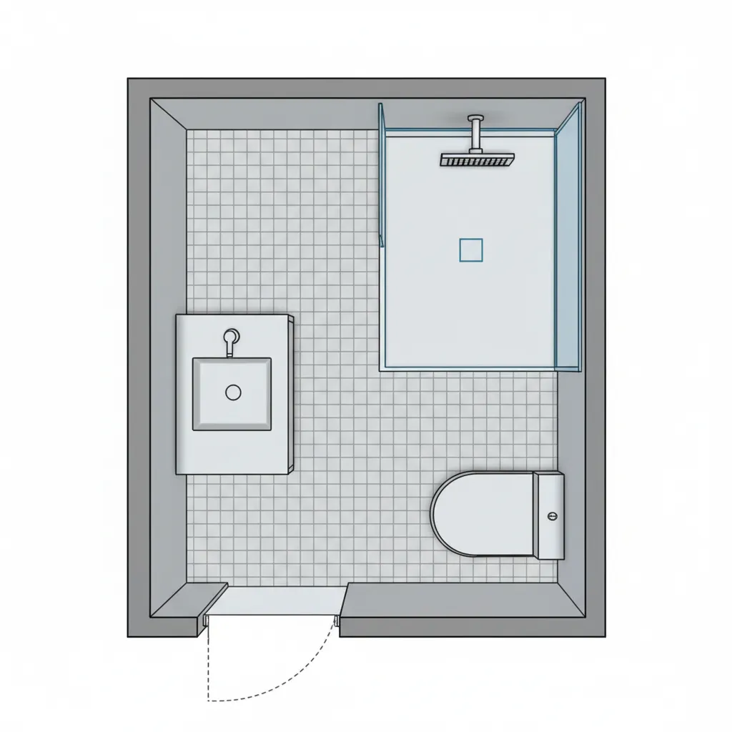 small bathroom layout showing inward swinging door taking up floor space