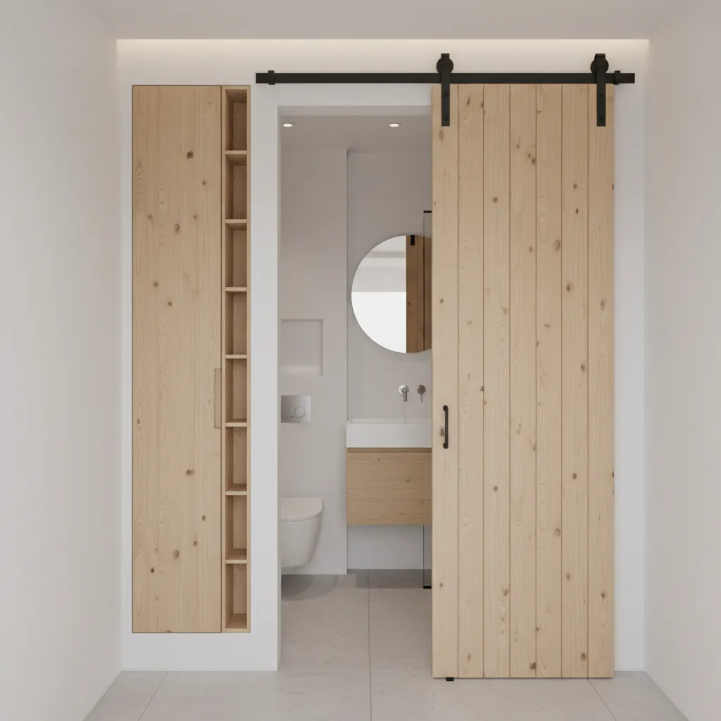 small bathroom storage cabinet beside bifold barn door