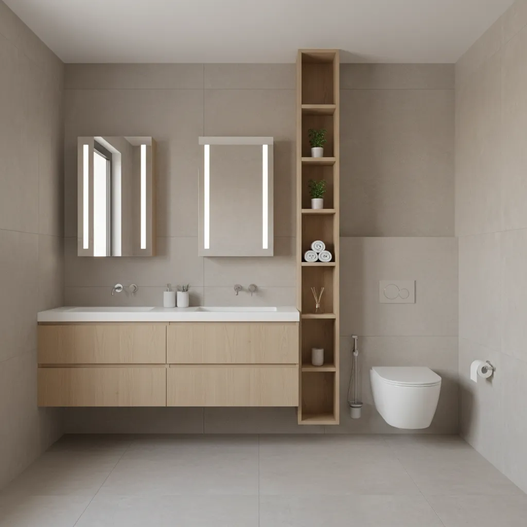 compact bathroom layout with vertical storage zones and floating vanity