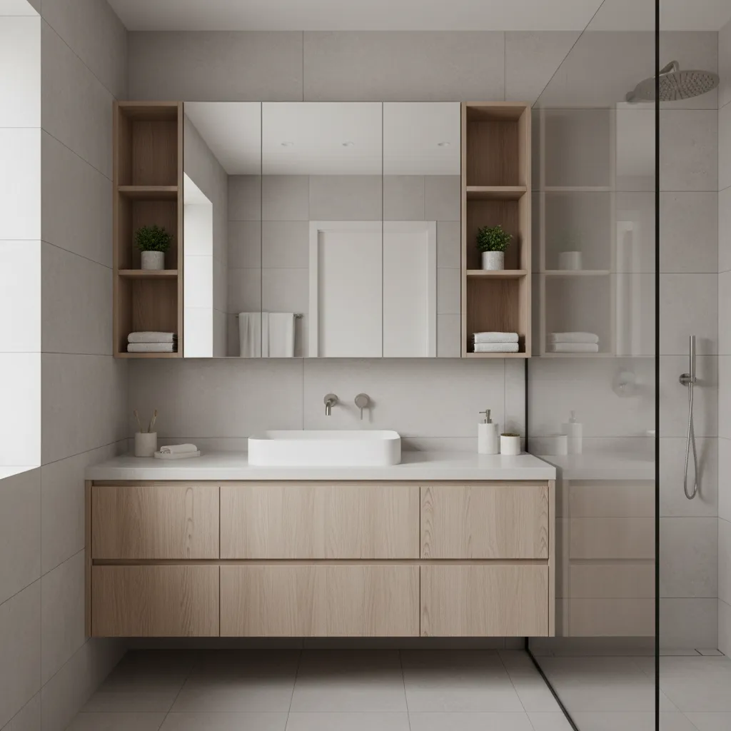 optimized small bathroom with floating vanity mirror cabinet and wall shelves