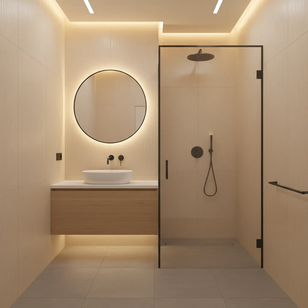 Small modern bathroom using textured tiles to create depth