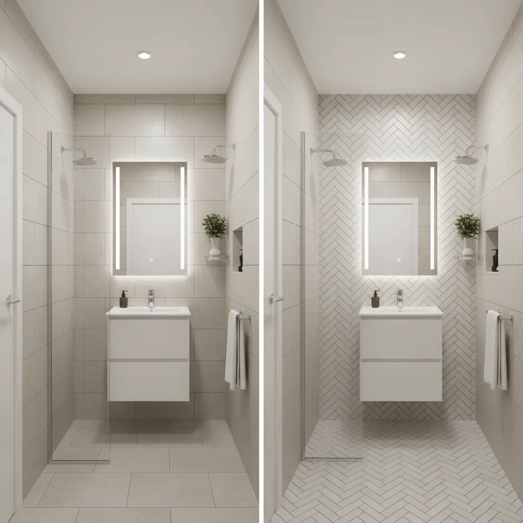 Before and after comparison of standard bathroom tiles versus small white herringbone pattern wall tiles