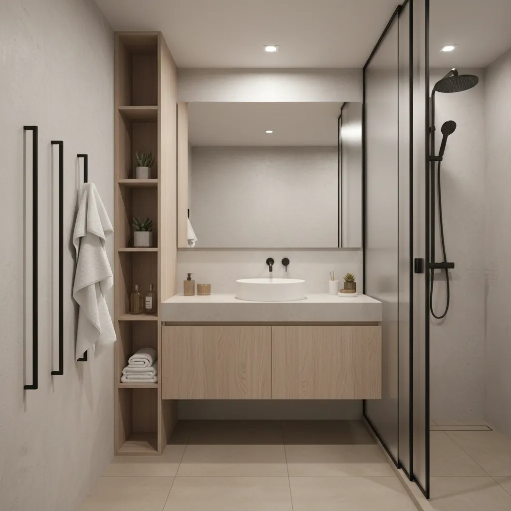 Small bathroom with wall hooks used for hanging towels decoratively