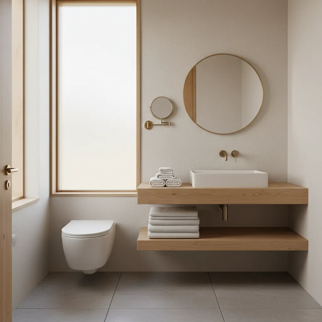 Compact folded towels stored neatly in a small bathroom shelf