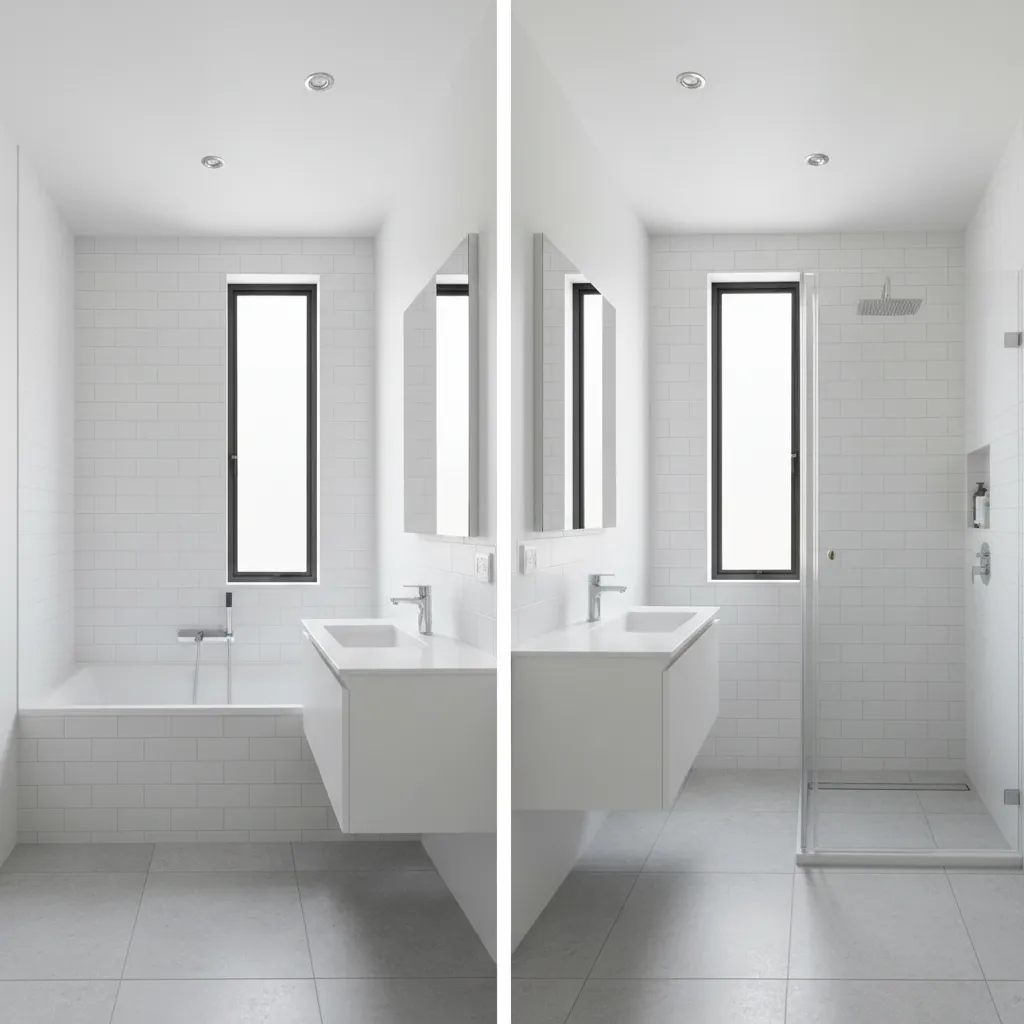comparison between bathtub and walk in shower in small bathroom
