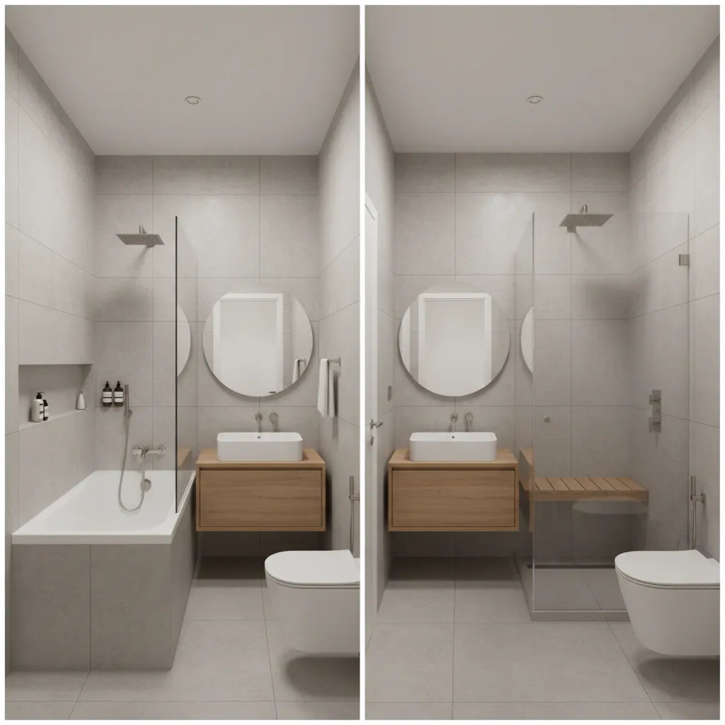 Comparison of bathtub and walk in shower layout in a 5x9 bathroom