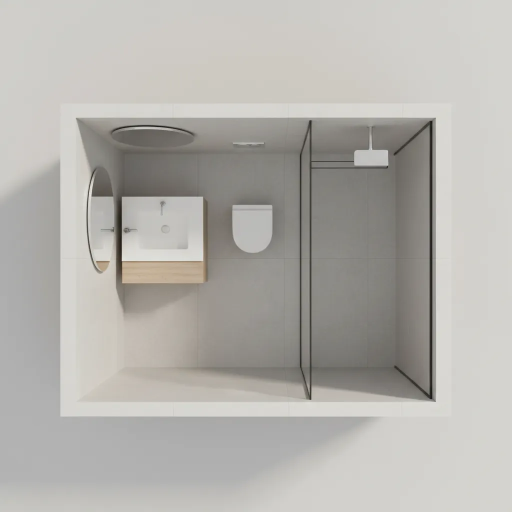 Top view interior design drawing of a small bathroom showing sink toilet and glass shower