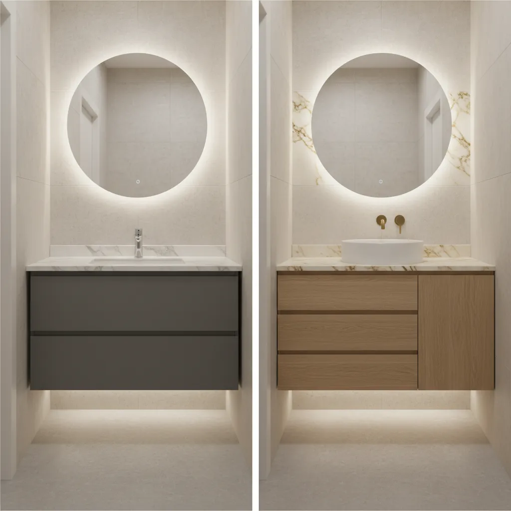 Comparison of small 24 inch vanity and larger 36 inch vanity in compact bathrooms