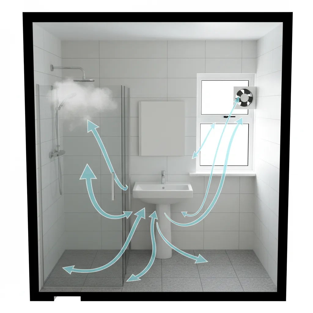 small bathroom airflow path from door gap to window exhaust fan