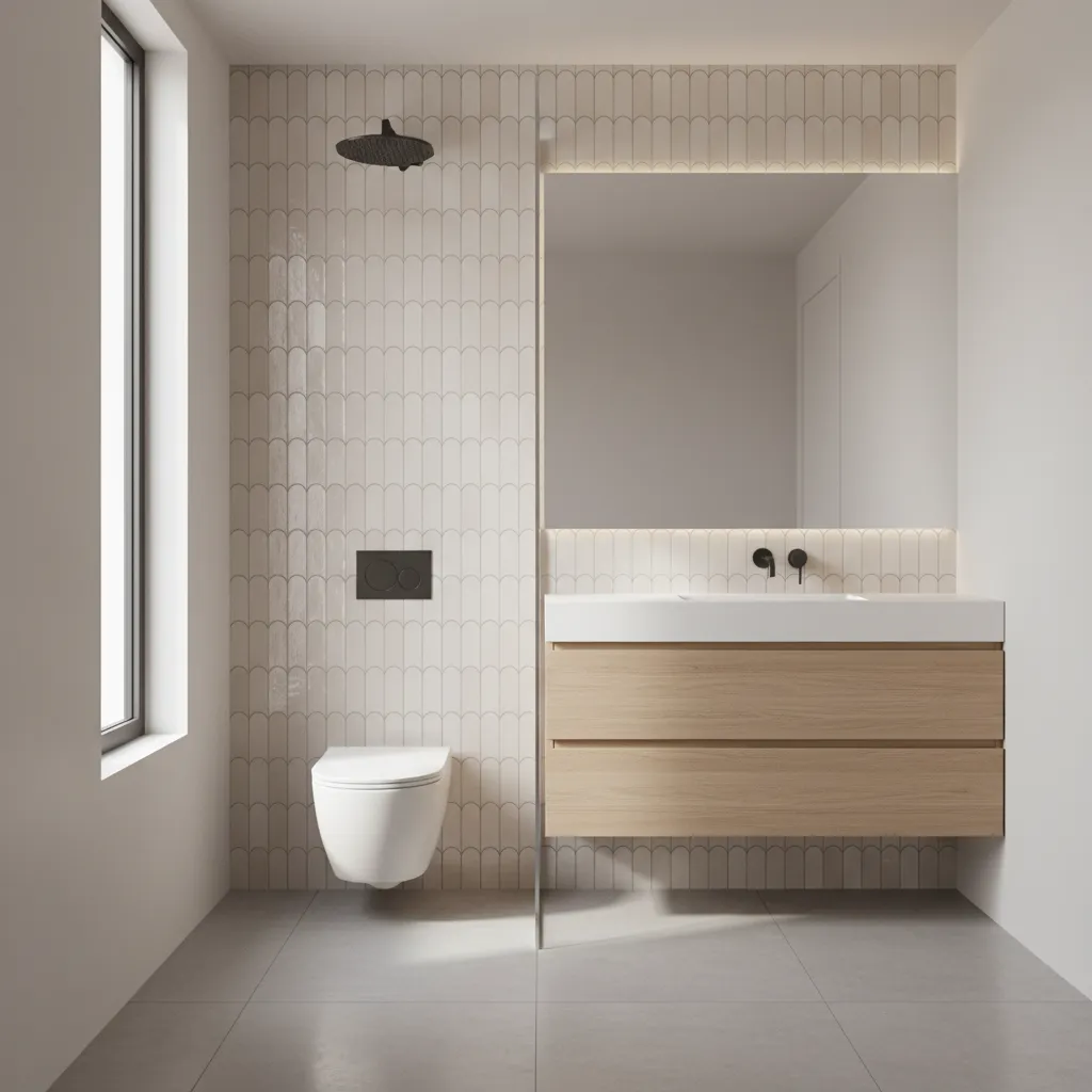 Small bathroom using vertical fish scale tile layout to increase height visually