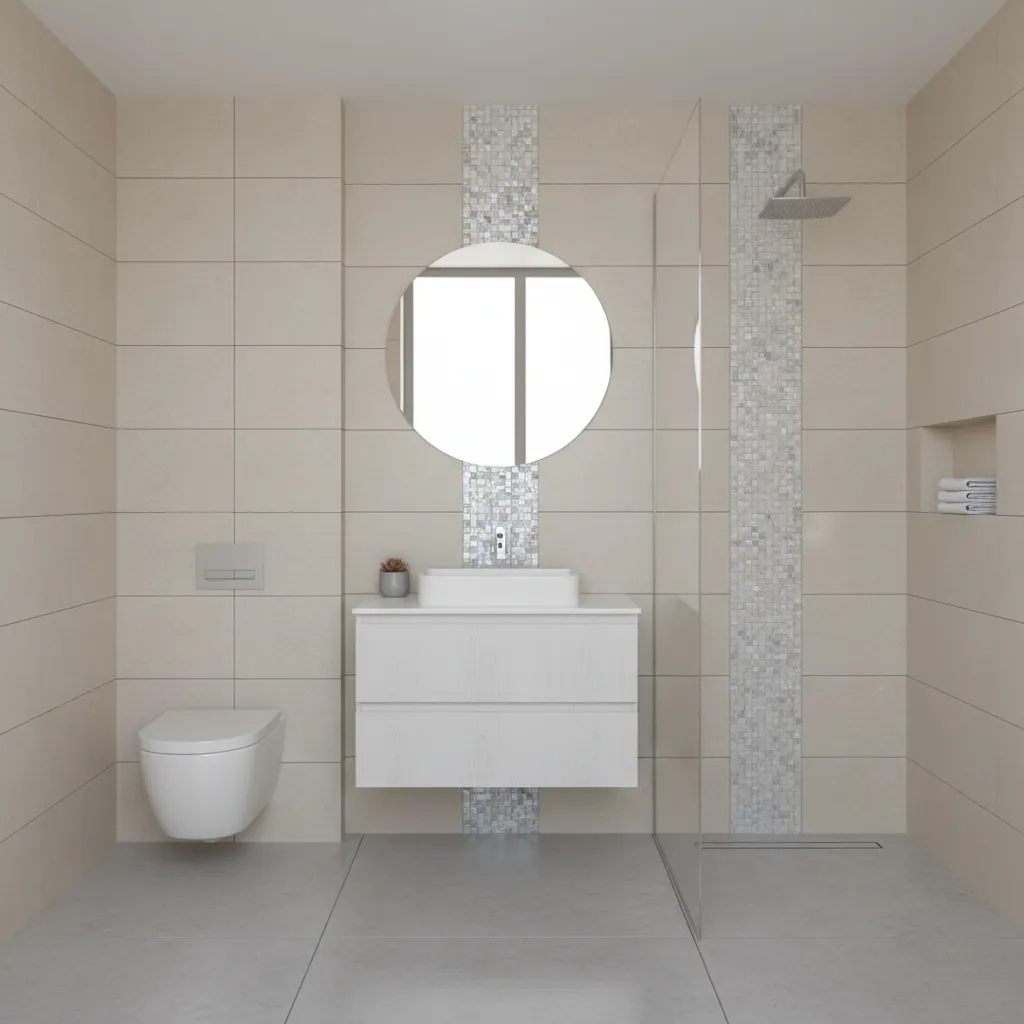 Small bathroom with vertical highlight tile strip making the space appear taller