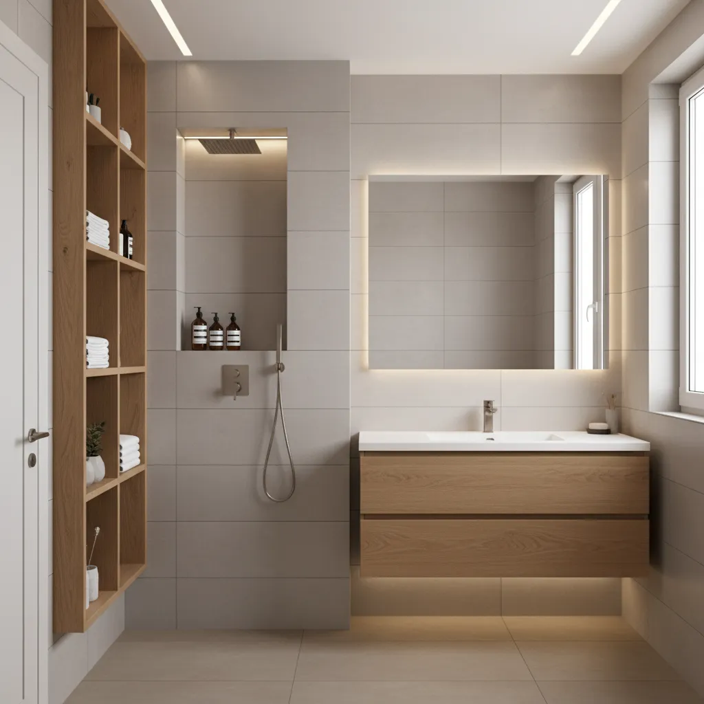 Tiny bathroom with vertical shelving and recessed shower niche storage