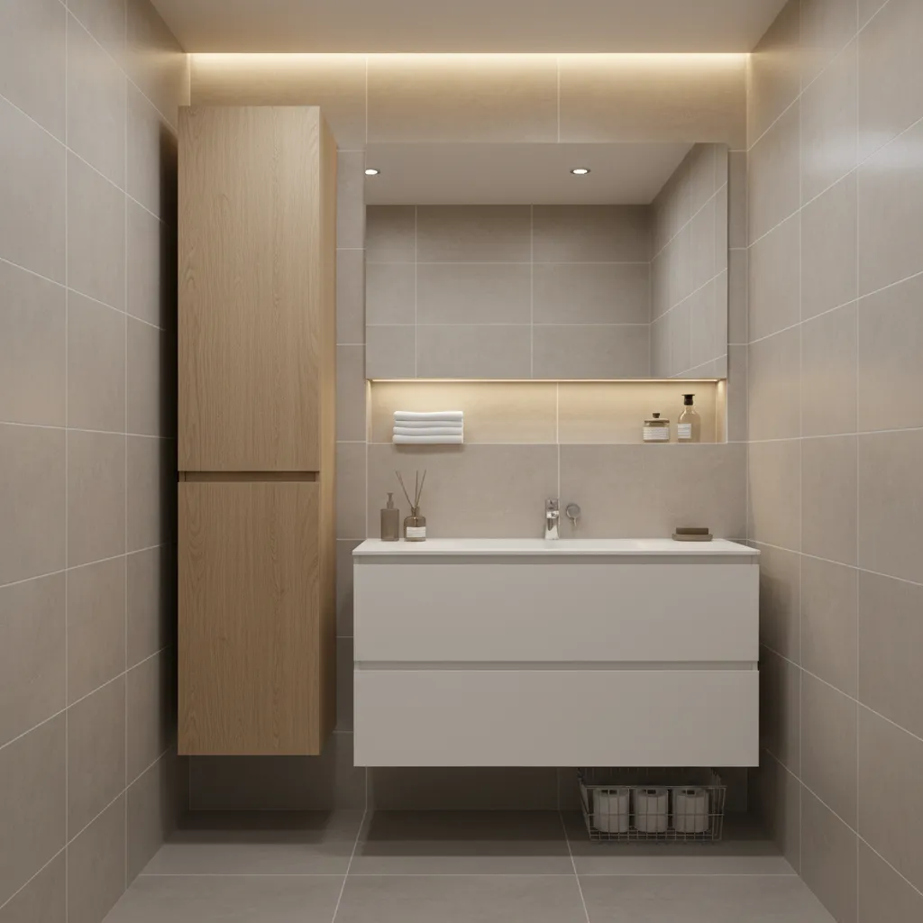 Vertical storage ideas in a compact bathroom including shelving and cabinet