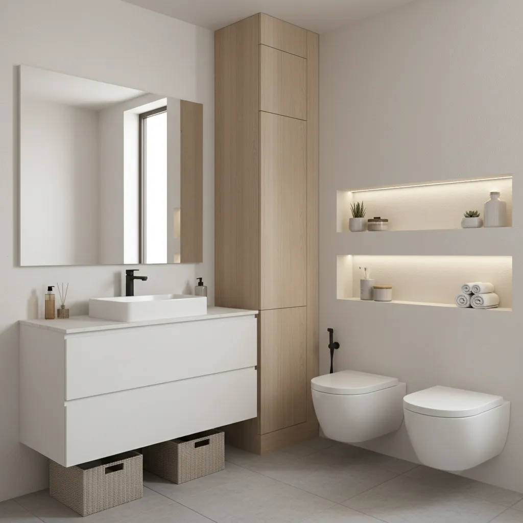10x7 bathroom with vertical storage shelves and recessed wall niches