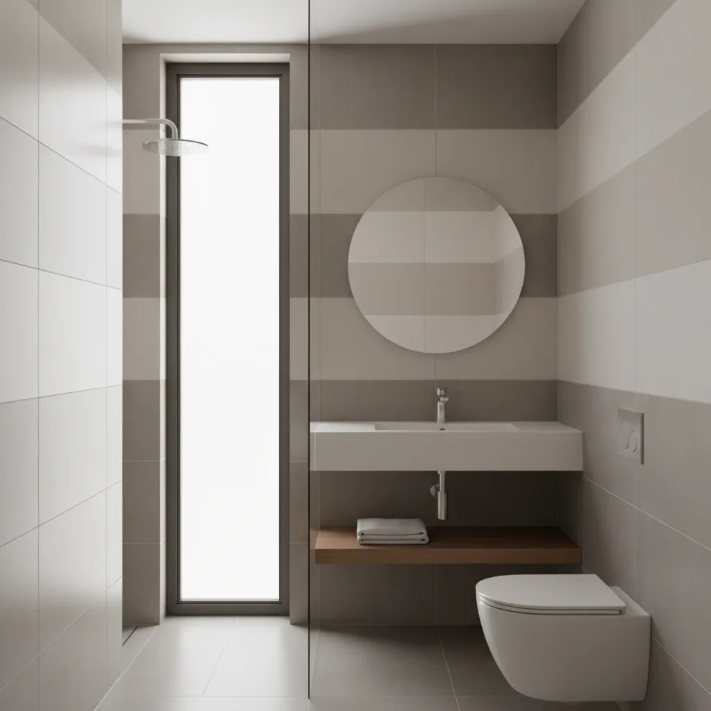 Compact bathroom with tall narrow ventilation window beside shower