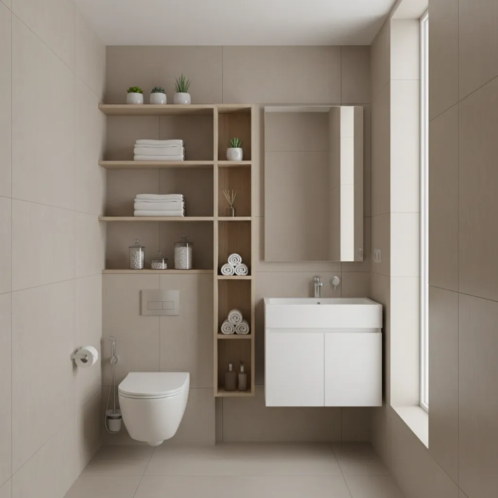 Small bathroom showing vertical wall storage above toilet and beside vanity