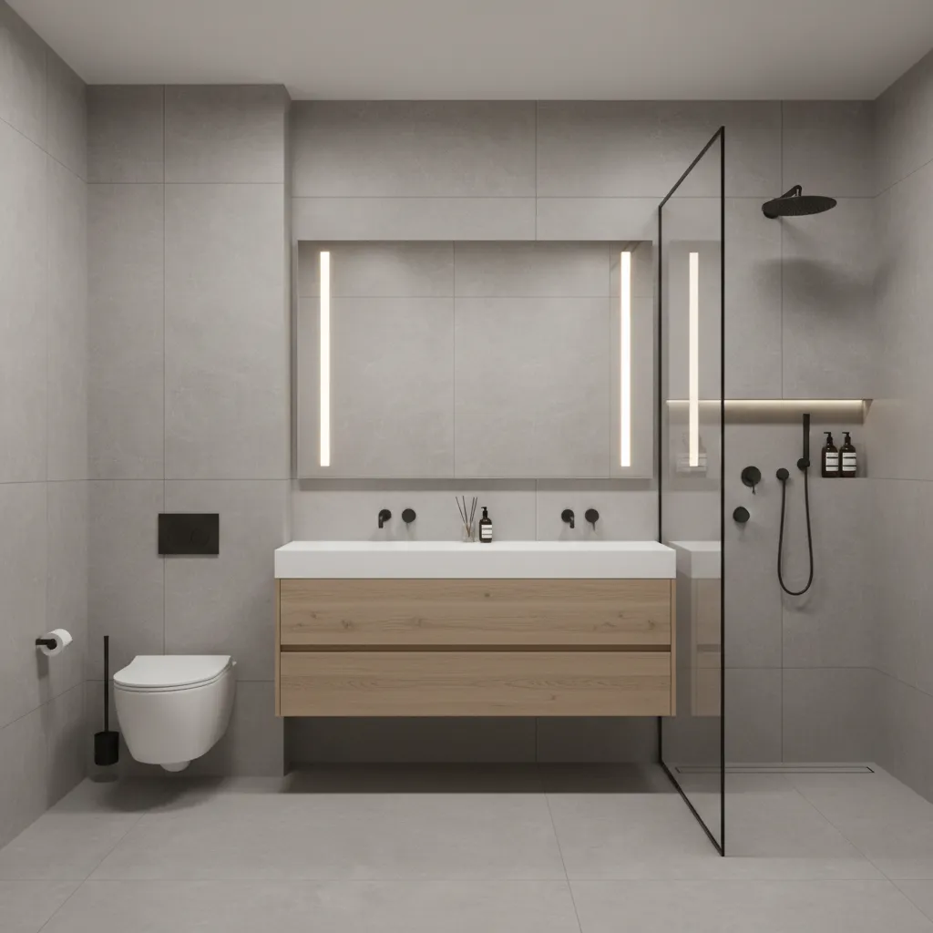 Small bathroom with continuous tile and floating vanity creating spacious look
