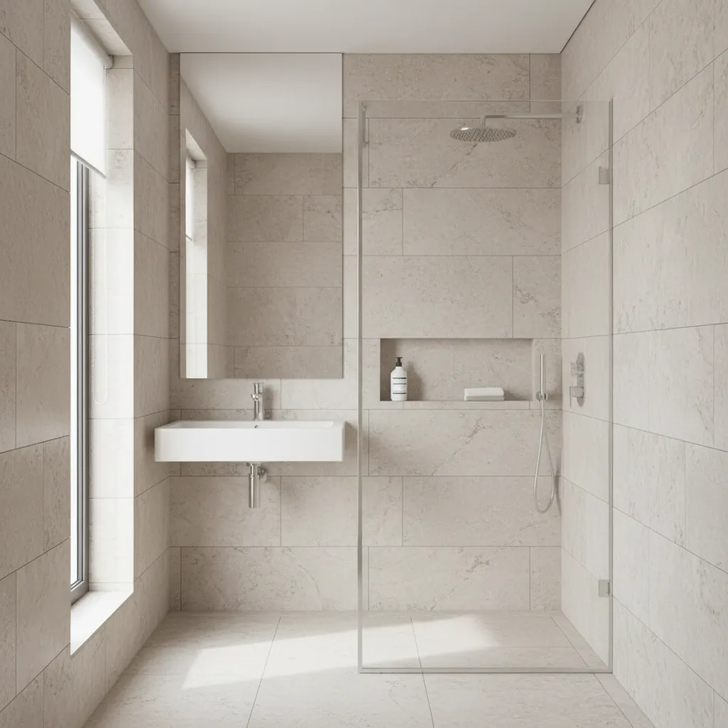compact bathroom with frameless walk in shower and light tile design