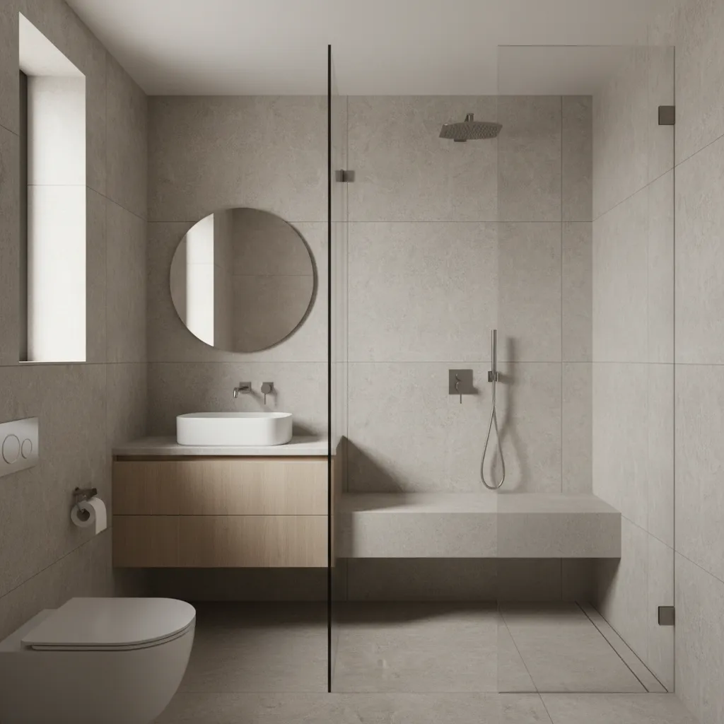 Walk in shower layout with bench and glass panel in small bathroom