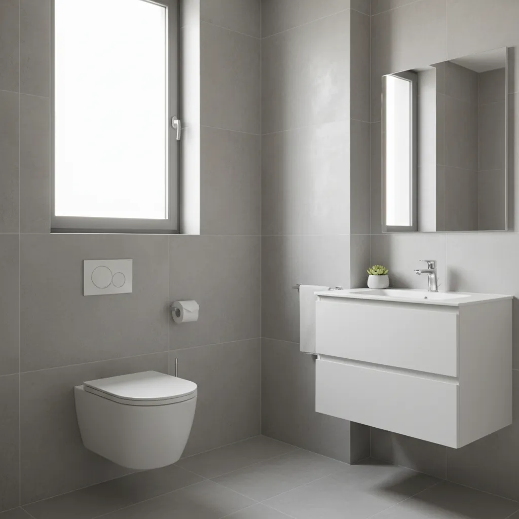 Small bathroom with wall mounted toilet and concealed water tank saving space